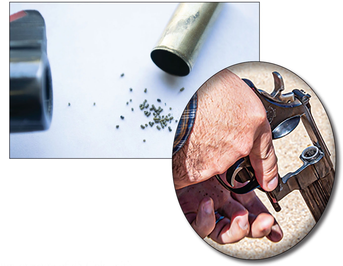 One word of caution when using IMR-4227 or  any very dirty powder is the fact that unburnt powder kernels can get stuck under the ejector star, effectively jamming up the gun and your  reload. Note the unburned powder kernels on the support hand and around the bore of the revolver. It is for this reason IMR-4227 is not recommended for self-defense loads.